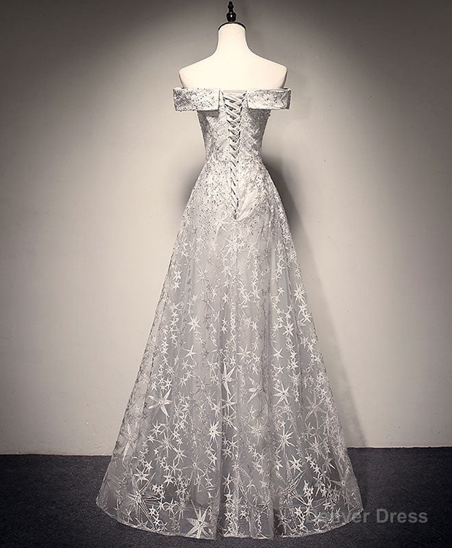 Gray White Tulle Lace Long Prom Dress Tulle Lace Formal Dress