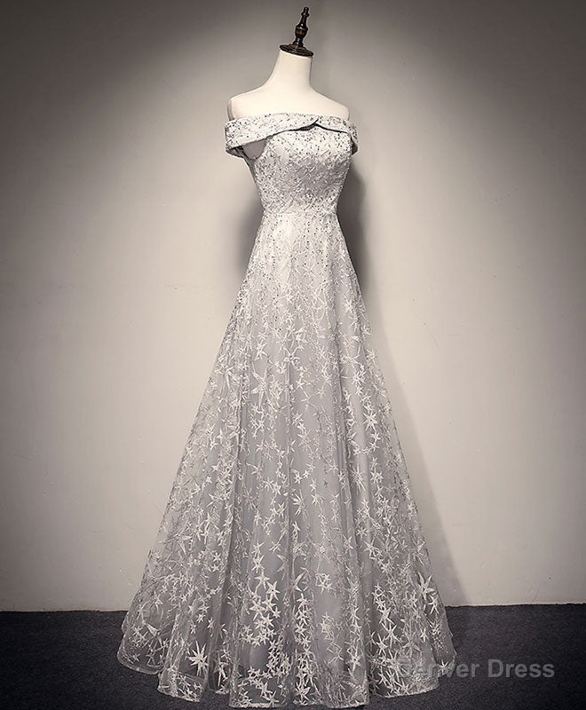 Gray White Tulle Lace Long Prom Dress Tulle Lace Formal Dress