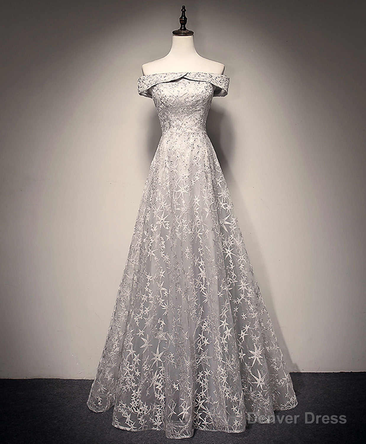 Gray White Tulle Lace Long Prom Dress Tulle Lace Formal Dress Secondary image