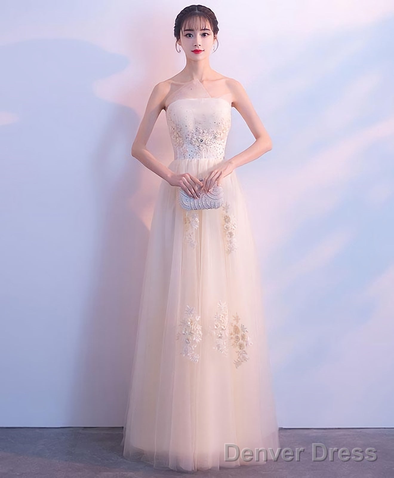 Champagne Lace Tulle Long Prom Dress Champagne Prom Dresses 1