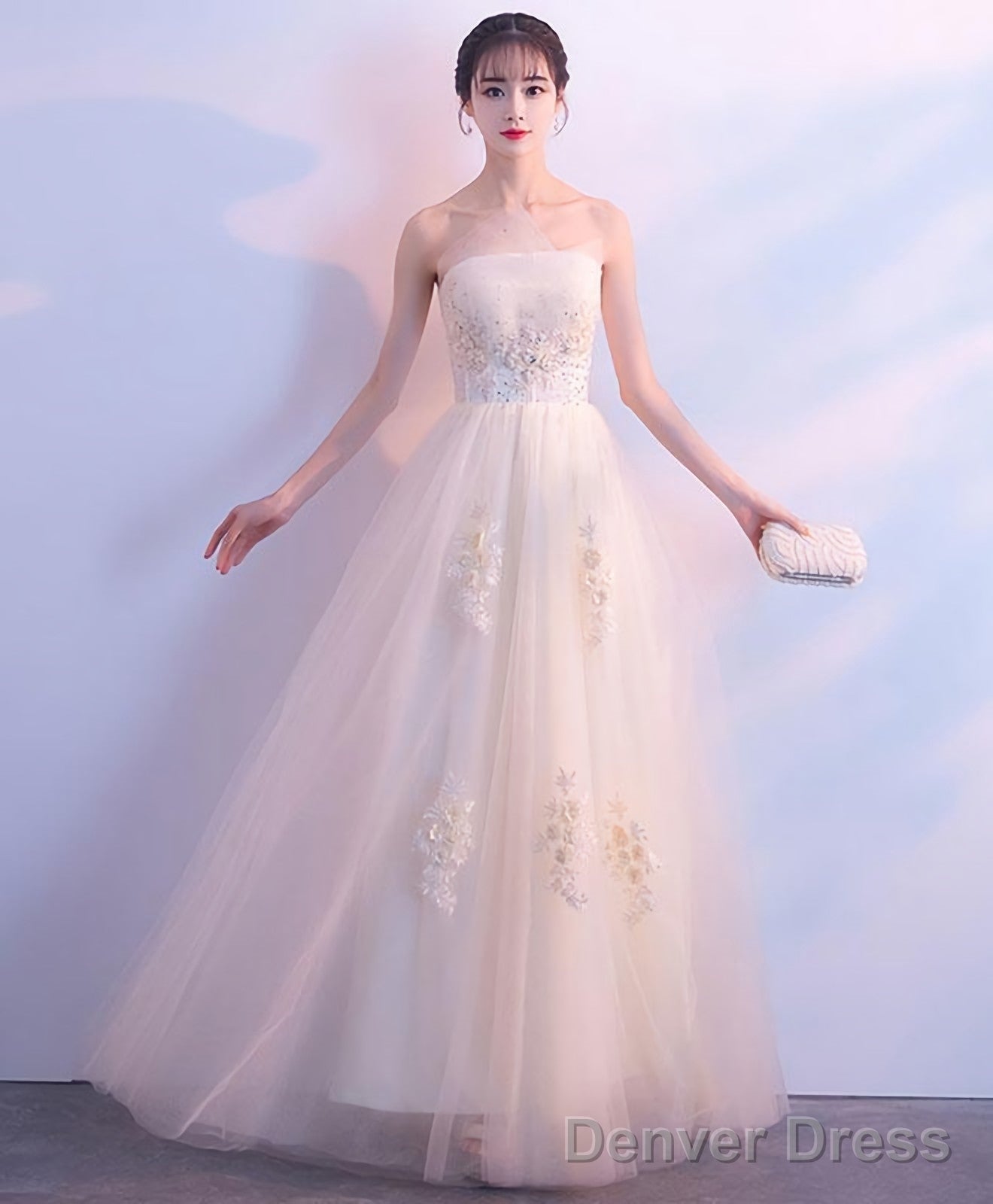 Champagne Lace Tulle Long Prom Dress Champagne Prom Dresses 1