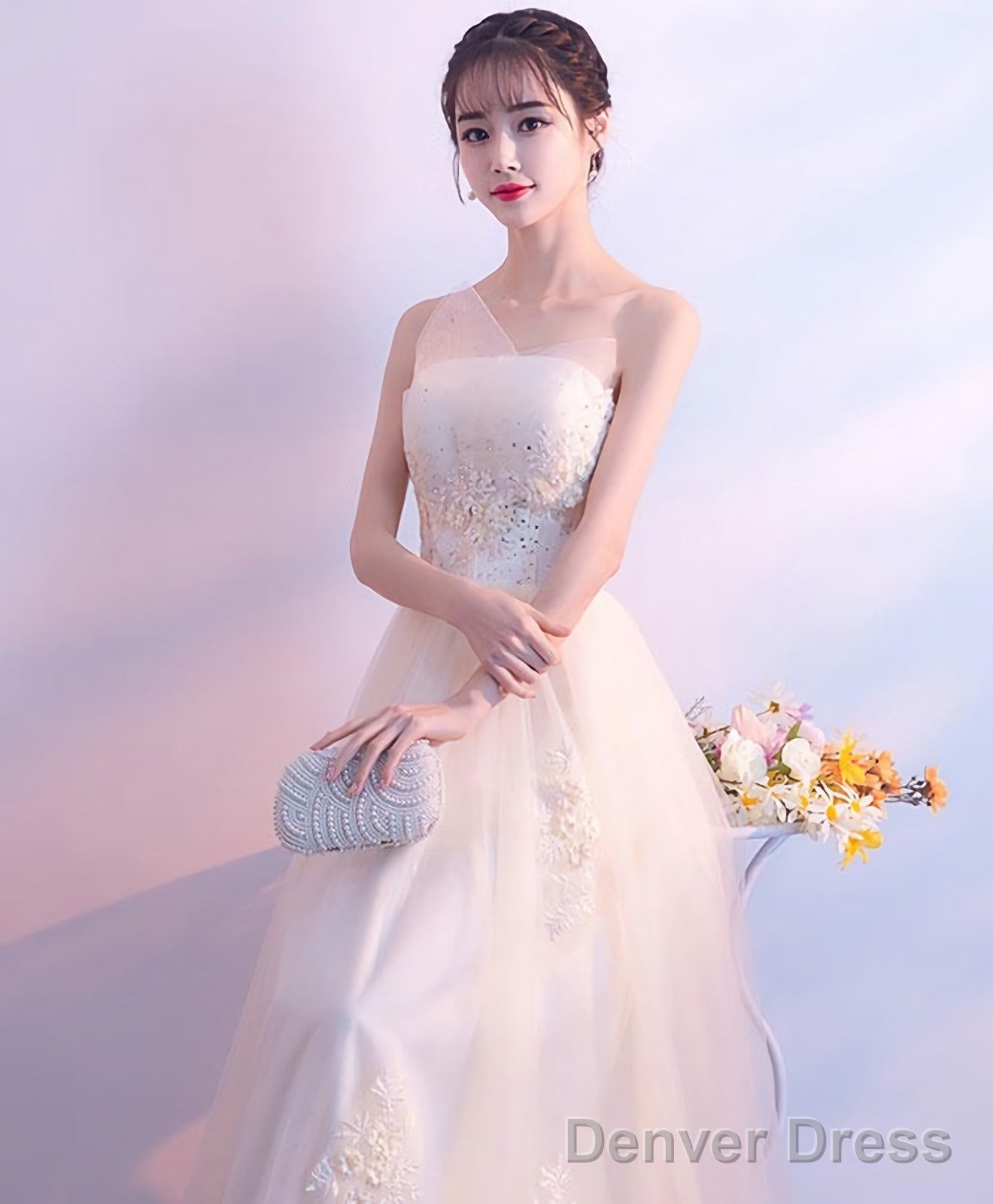 Champagne Lace Tulle Long Prom Dress Champagne Prom Dresses 1