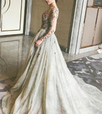 Gray V Neck Tulle Long Prom Dress Long Sleeve Prom Dresses 1