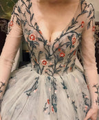 Gray V Neck Tulle Long Prom Dress Long Sleeve Prom Dresses 1