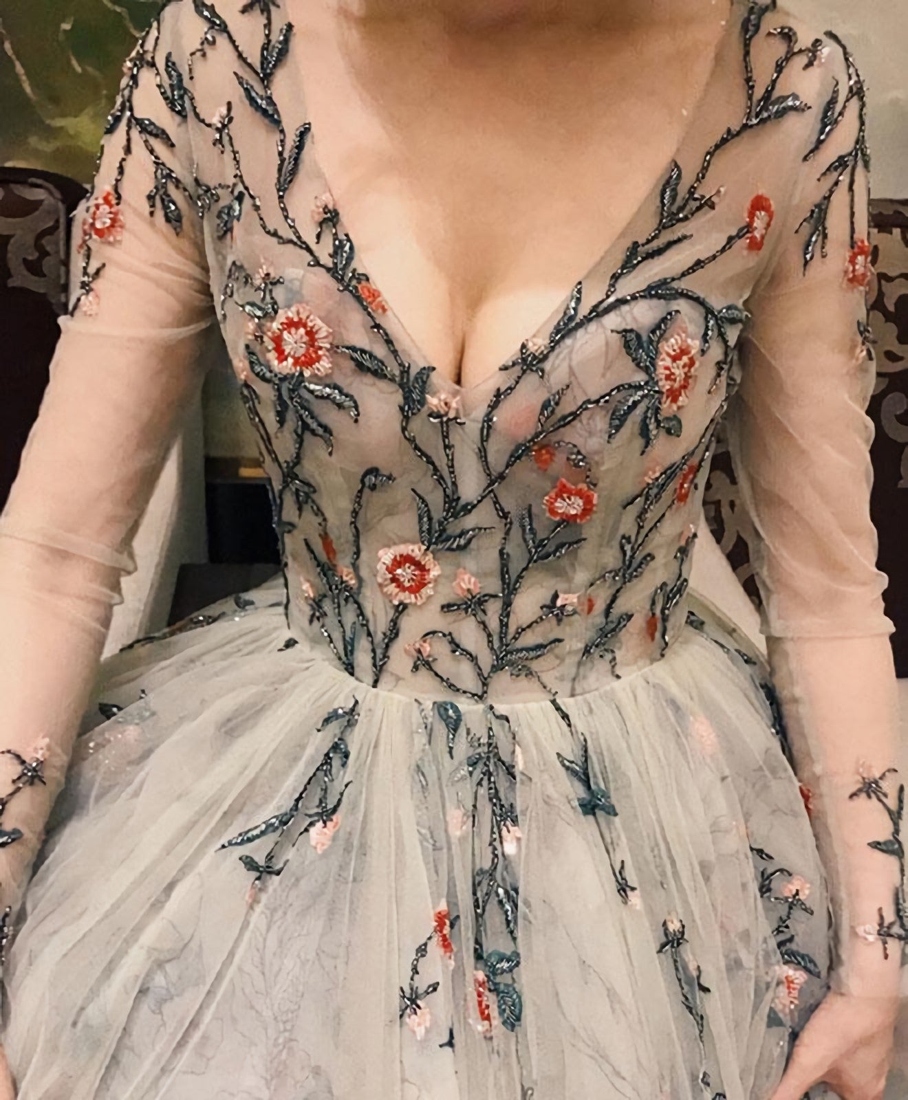 Gray V Neck Tulle Long Prom Dress Long Sleeve Prom Dresses 1