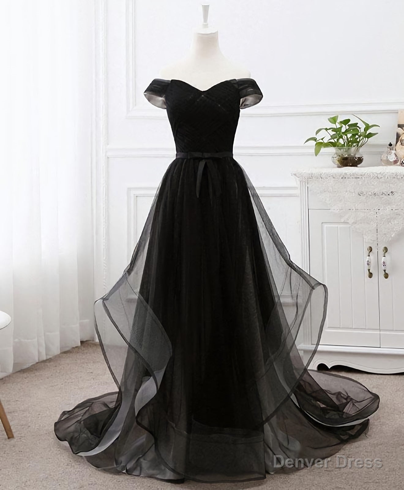 Black Tulle Long Prom Dress, Black Prom GDresses