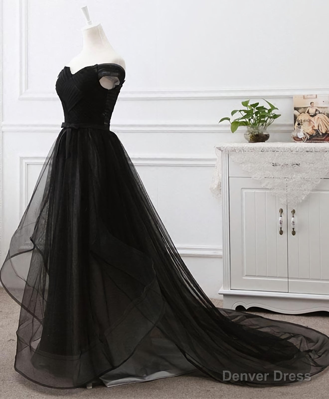 Black Tulle Long Prom Dress, Black Prom GDresses