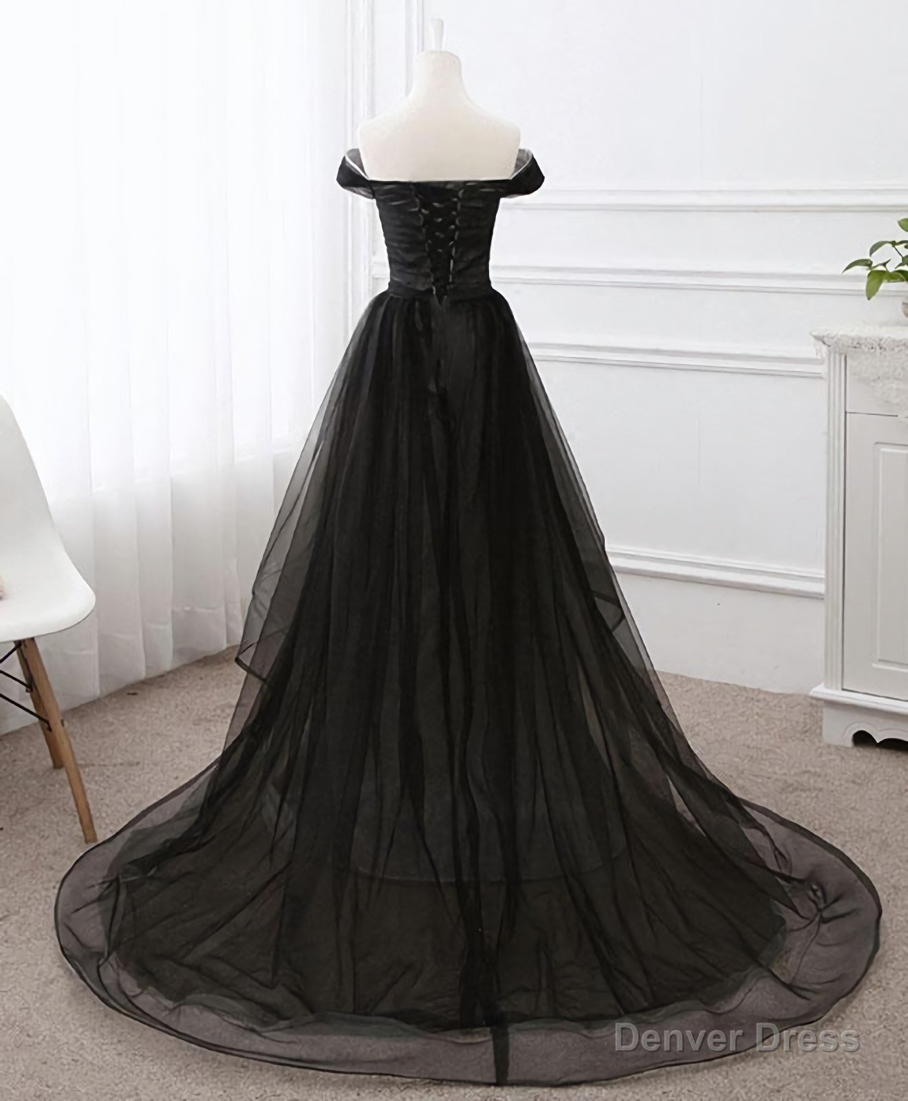 Black Tulle Long Prom Dress, Black Prom GDresses