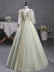 Green A-Line 3D Lace Long Prom Dress, Green Lace Sweet 16 Dress
