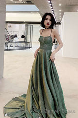Green A-Line Backless Long Prom Dresses, Evening Dresses