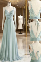 Green A line Chiffon Lace Long Prom Dresses, Lace Bridesmaid Dresses