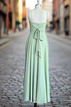 Green A Line Chiffon Spaghetti Straps Long Bridesmaid Dress