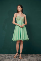 A Line Embroidery Chiffon Short Strapless Corset Back Beaded Homecoming Dresses