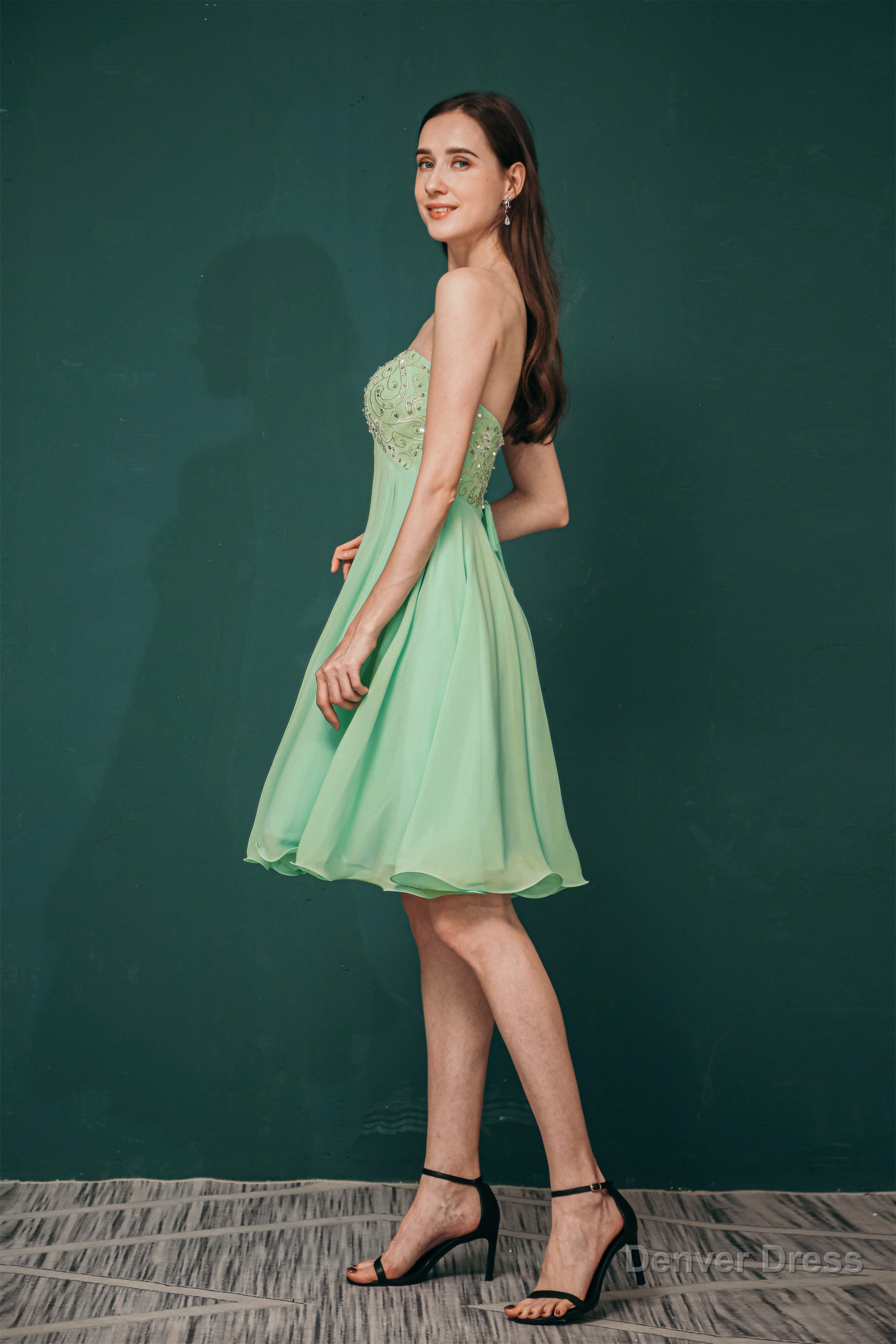 A Line Embroidery Chiffon Short Strapless Corset Back Beaded Homecoming Dresses