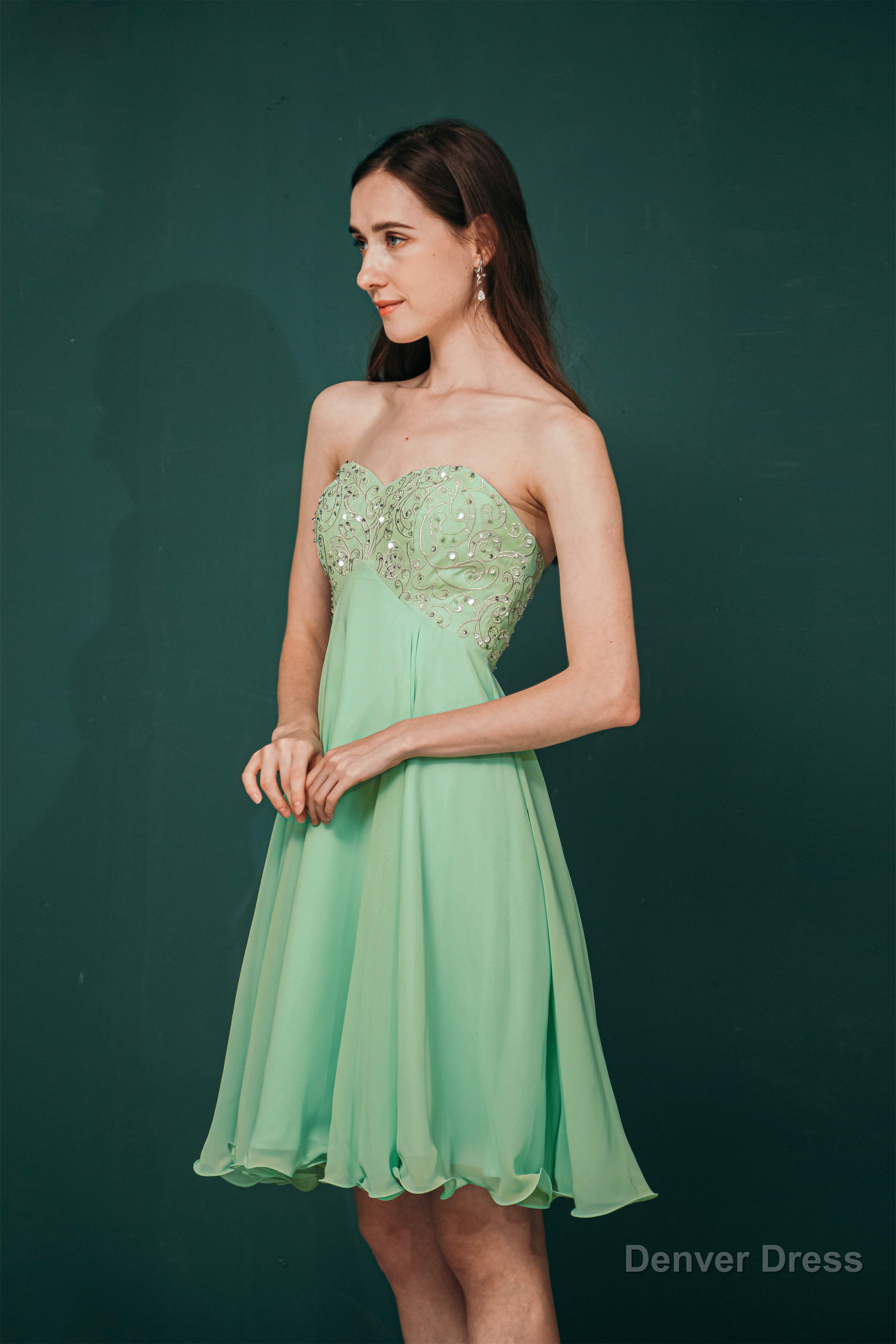 A Line Embroidery Chiffon Short Strapless Corset Back Beaded Homecoming Dresses