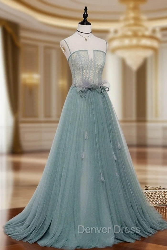 Green A Line Lace Long Prom Dresses, A Line Green Lace Long Formal Evening Dresses