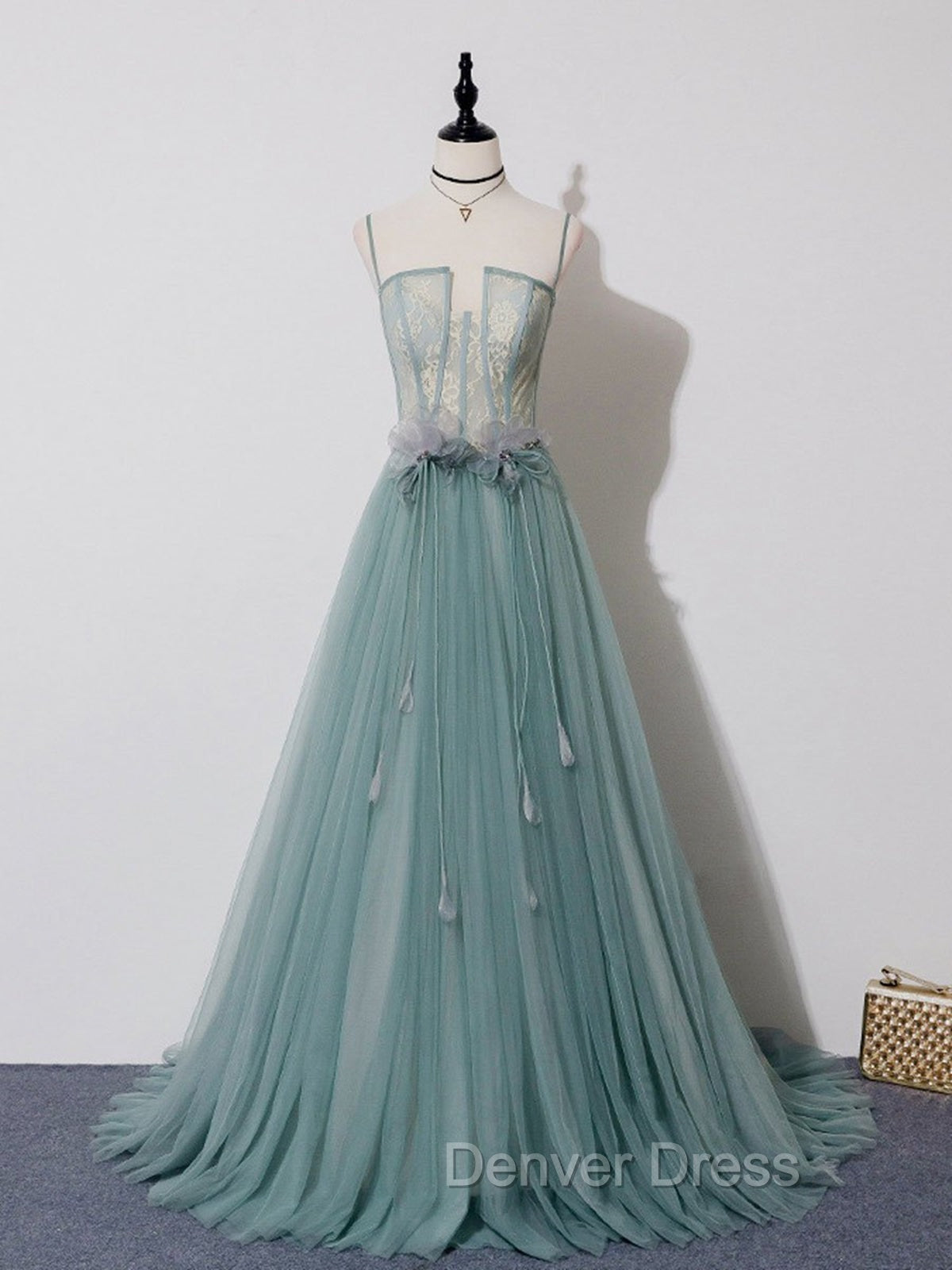 Green A Line Lace Long Prom Dresses, A Line Green Lace Long Formal Evening Dresses Secondary image