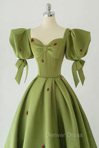 Green A Line Long Prom Dress Strawberry Lace, Lovely Short Sleeve Prom Dresses