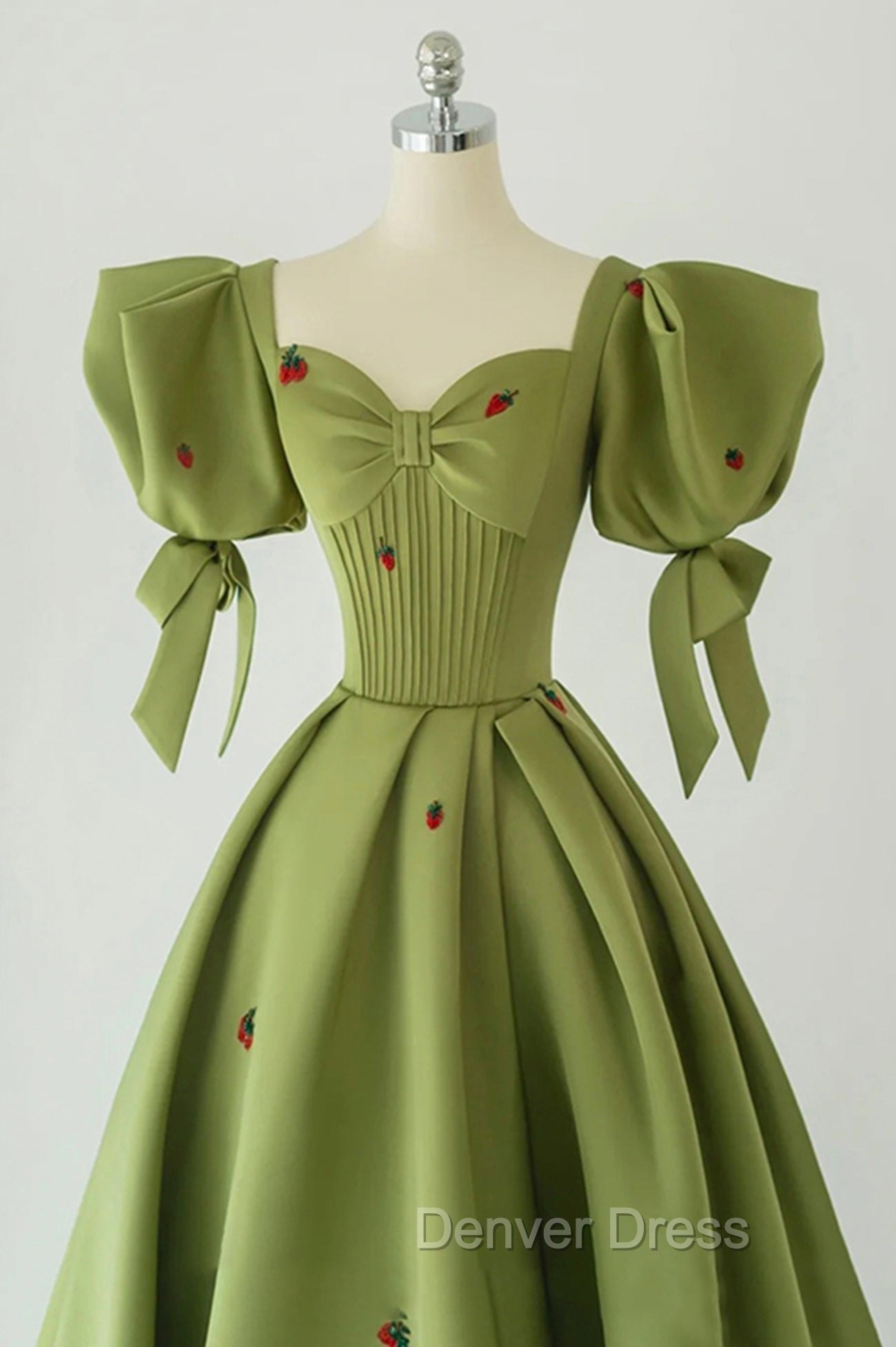 Green A Line Long Prom Dress Strawberry Lace, Lovely Short Sleeve Prom Dresses
