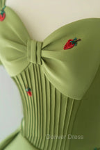 Green A Line Long Prom Dress Strawberry Lace, Lovely Short Sleeve Prom Dresses