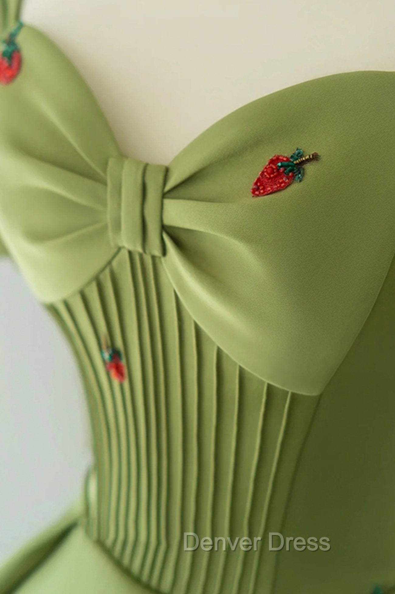 Green A Line Long Prom Dress Strawberry Lace, Lovely Short Sleeve Prom Dresses