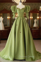 Green A Line Long Prom Dress Strawberry Lace, Lovely Short Sleeve Prom Dresses