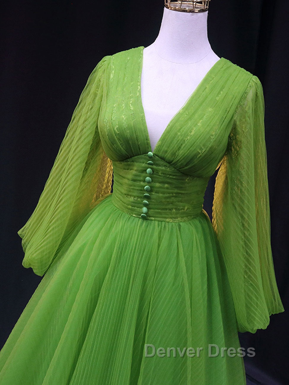 Green A Line Long Prom Dress, V Neck Green Tulle Long Prom Dresses