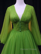 Green A Line Long Prom Dress, V Neck Green Tulle Long Prom Dresses