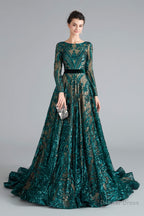 A Line Luxury Sequins Long Sleeve Backless Prom Dresses