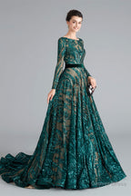 A Line Luxury Sequins Long Sleeve Backless Prom Dresses