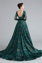 A Line Luxury Sequins Long Sleeve Backless Prom Dresses