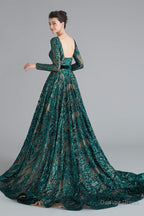 A Line Luxury Sequins Long Sleeve Backless Prom Dresses