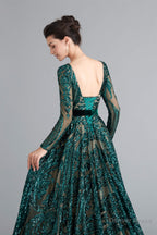A Line Luxury Sequins Long Sleeve Backless Prom Dresses