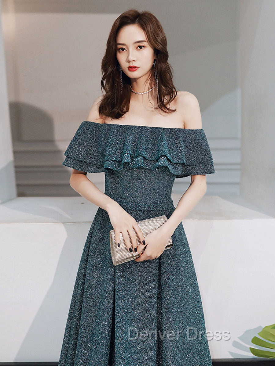 Green A Line Off Shoulder Long Prom Dress, Green Bridesmaid Dresses