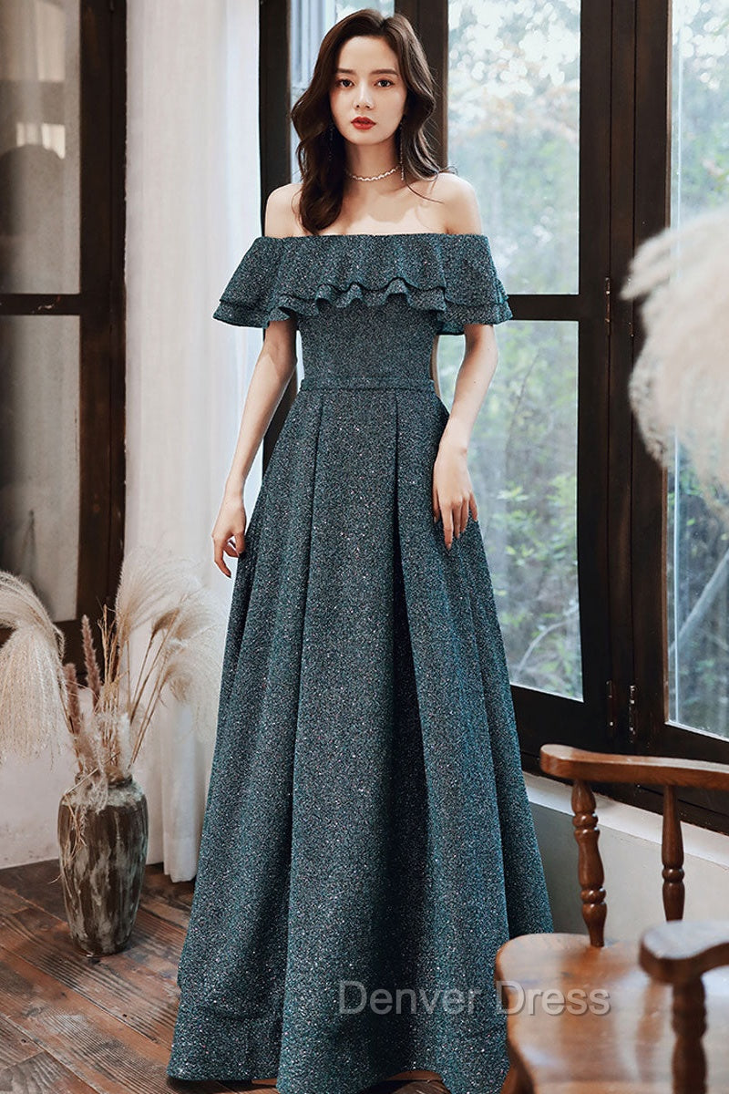 Green A Line  Off Shoulder Long Prom Dresses, Green Bridesmaid Dresses Main image