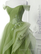 Green A-Line Long Prom Dresses, Green Lace Long Evening Dresses