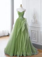 Green A-Line Off Shoulder Long Prom Dresses Lace Long Evening Dresses