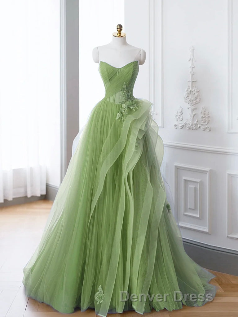Green A-Line Off Shoulder Long Prom Dresses Lace Long Evening Dresses