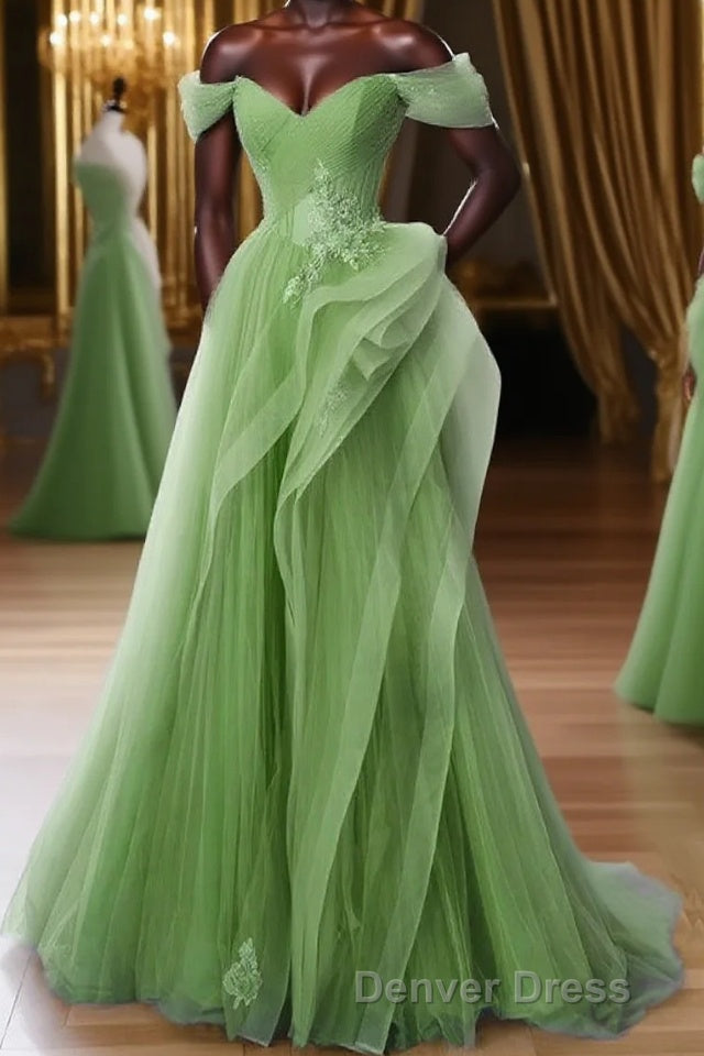 Green A-Line Off Shoulder Long Prom Dresses Lace Long Evening Dresses Main image