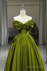 Green A-Line Off Shoulder Satin Long Party Dress, Green Satin Formal Dress Prom Dress