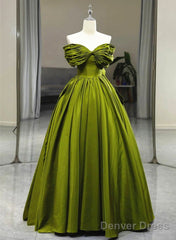 Green A-Line Off Shoulder Satin Long Party Dress, Green Satin Formal Dress Prom Dress