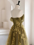 Olive Green A-Line Off Shoulder Tulle Lace Long Prom Dress, Green Tulle Prom Dresses