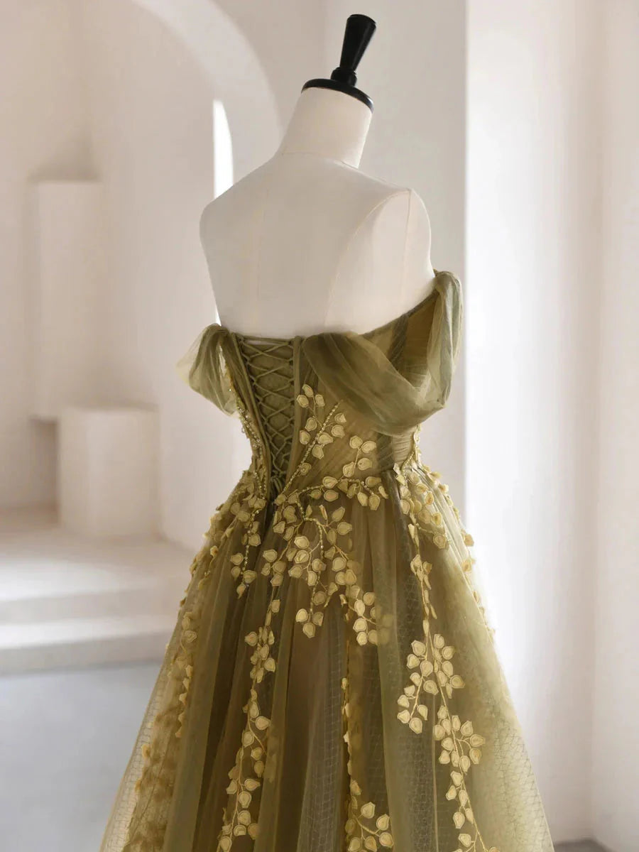 Olive Green A-Line Off Shoulder Tulle Lace Long Prom Dress, Green Tulle Prom Dresses