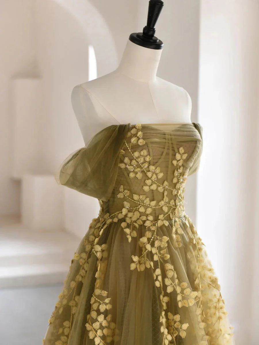 Olive Green A-Line Off Shoulder Tulle Lace Long Prom Dress, Green Tulle Prom Dresses