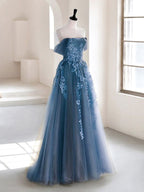 Olive Green A-Line Off Shoulder Tulle Lace Long Prom Dress, Green Tulle Prom Dresses