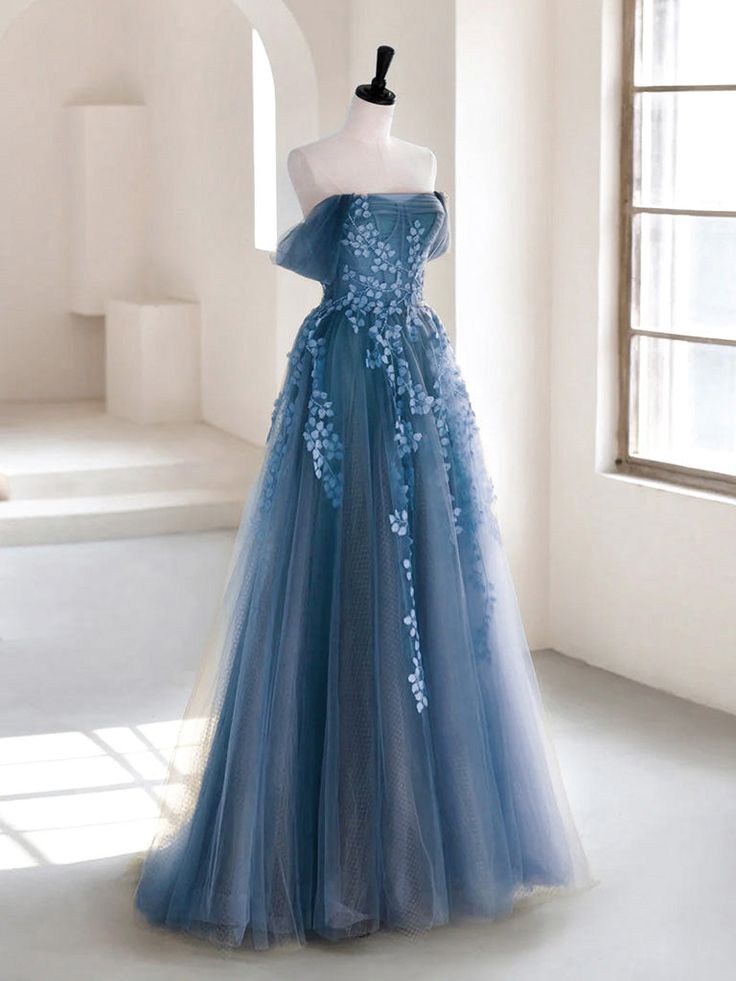 Olive Green A-Line Off Shoulder Tulle Lace Long Prom Dress, Green Tulle Prom Dresses