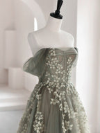 Olive Green A-Line Off Shoulder Tulle Lace Long Prom Dress, Green Tulle Prom Dresses