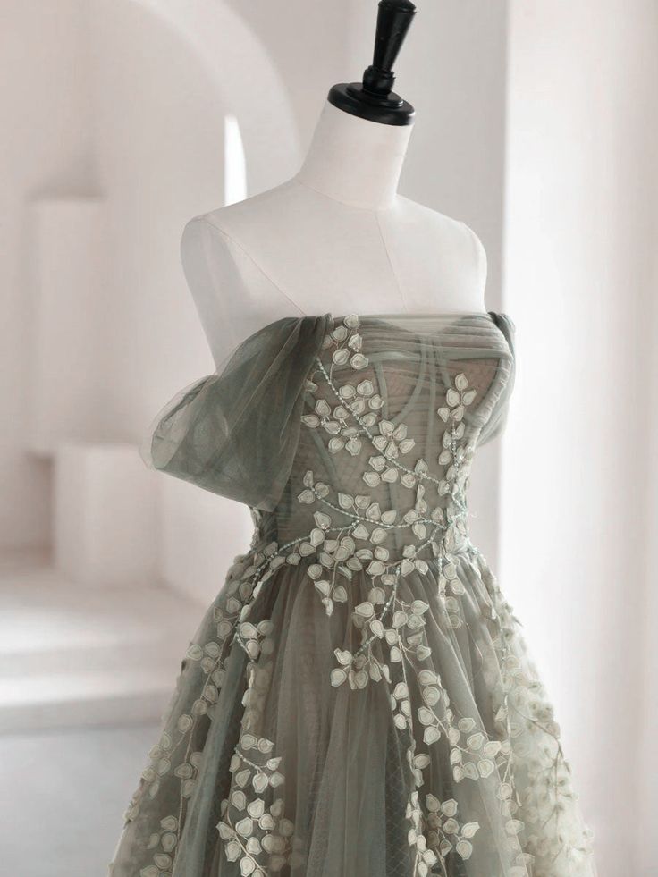 Olive Green A-Line Off Shoulder Tulle Lace Long Prom Dress, Green Tulle Prom Dresses