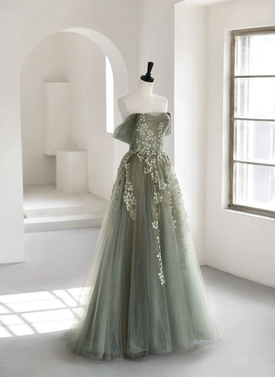 Olive Green A-Line Off Shoulder Tulle Lace Long Prom Dress, Green Tulle Prom Dresses