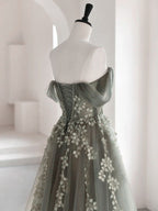 Olive Green A-Line Off Shoulder Tulle Lace Long Prom Dress, Green Tulle Prom Dresses